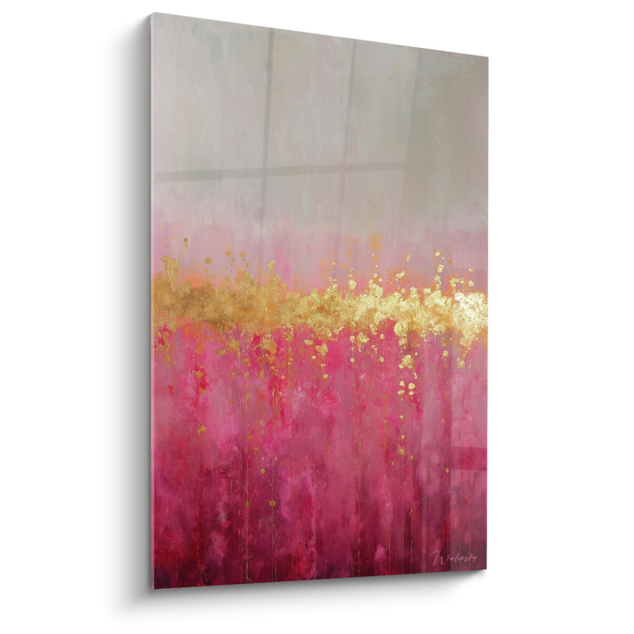 Tableau abstrait dégradé rose magenta et or avec feuille d'or - Harmonie Céleste - Edition Feng shui Sud-Ouest Terre