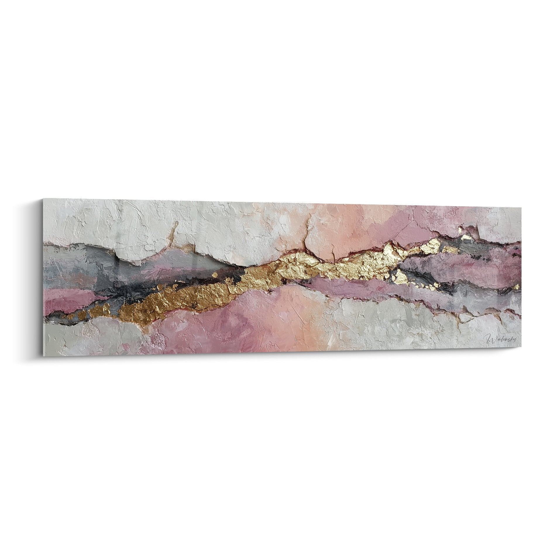 Tableau abstrait rose mauve avec faille doree texture craquelle harmonies terrestres feng shui