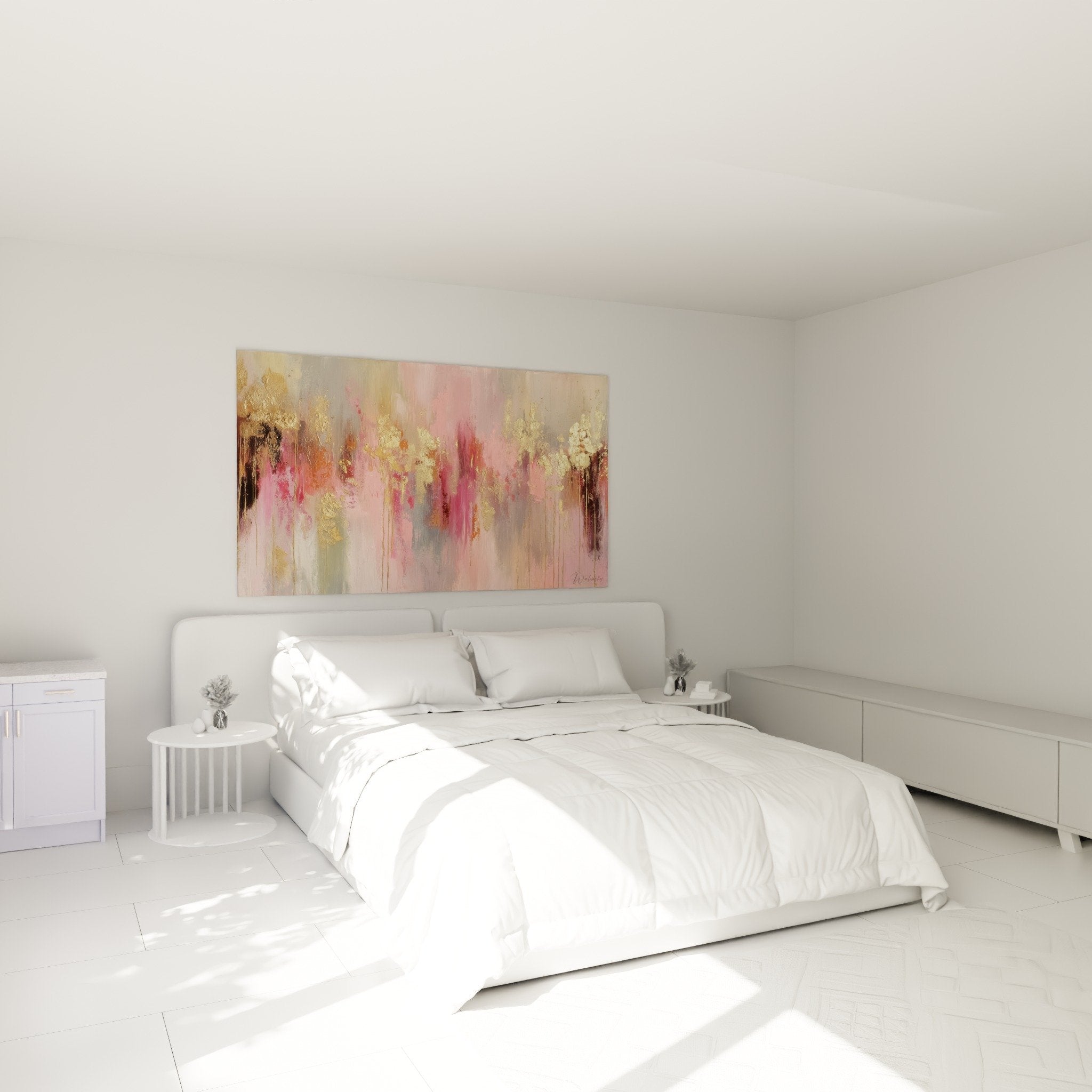 Tableau abstrait rose et or harmonisant une chambre moderne selon principes feng shui sud-ouest terre