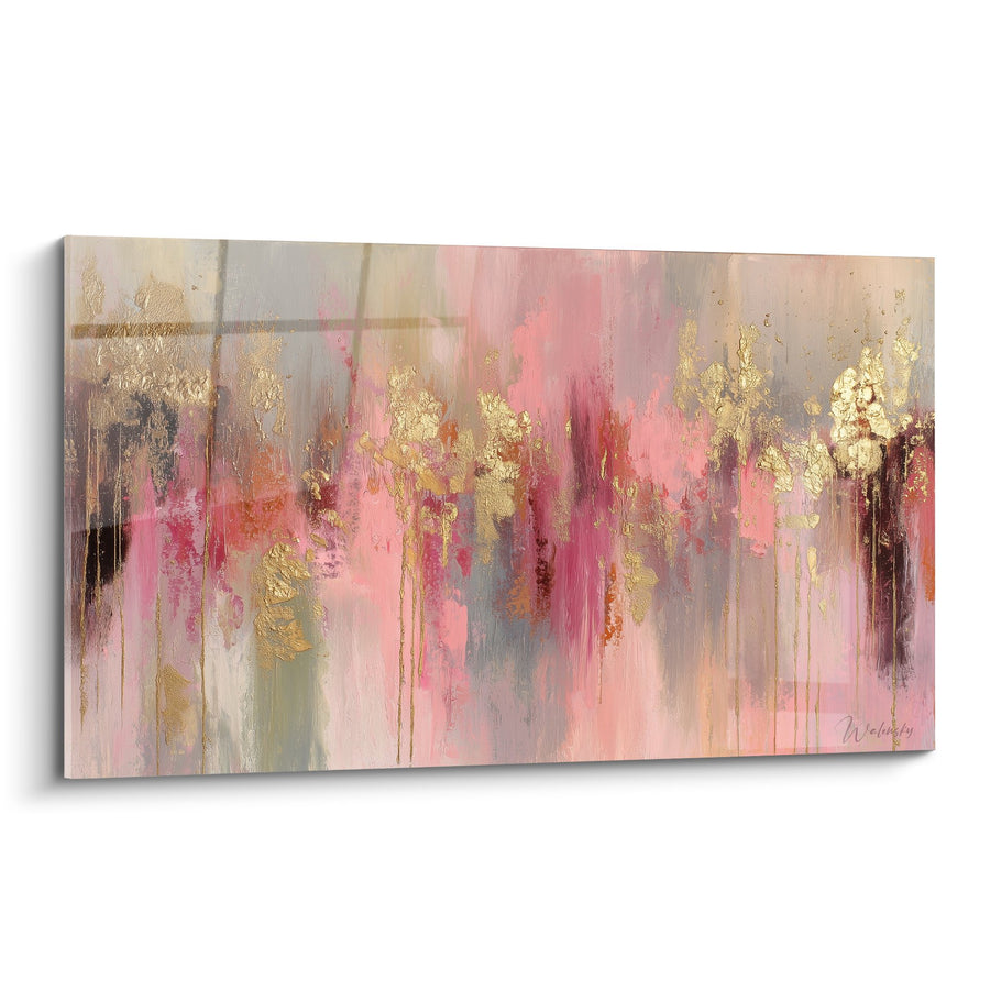 Tableau abstrait rose et or avec coulures dorées - Harmonie Céleste - Edition Feng shui Sud-Ouest Terre