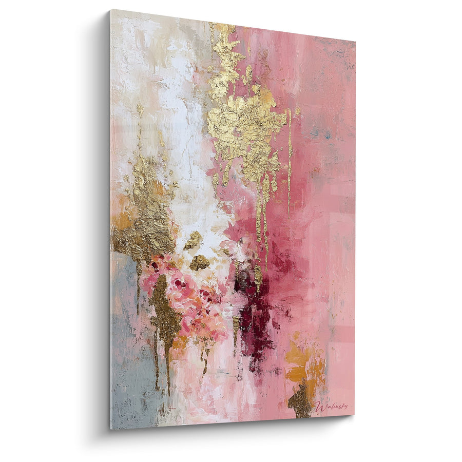 Tableau abstrait rose et or avec feuille dorée - Harmonie Florale - Edition Feng shui Sud-Ouest Terre