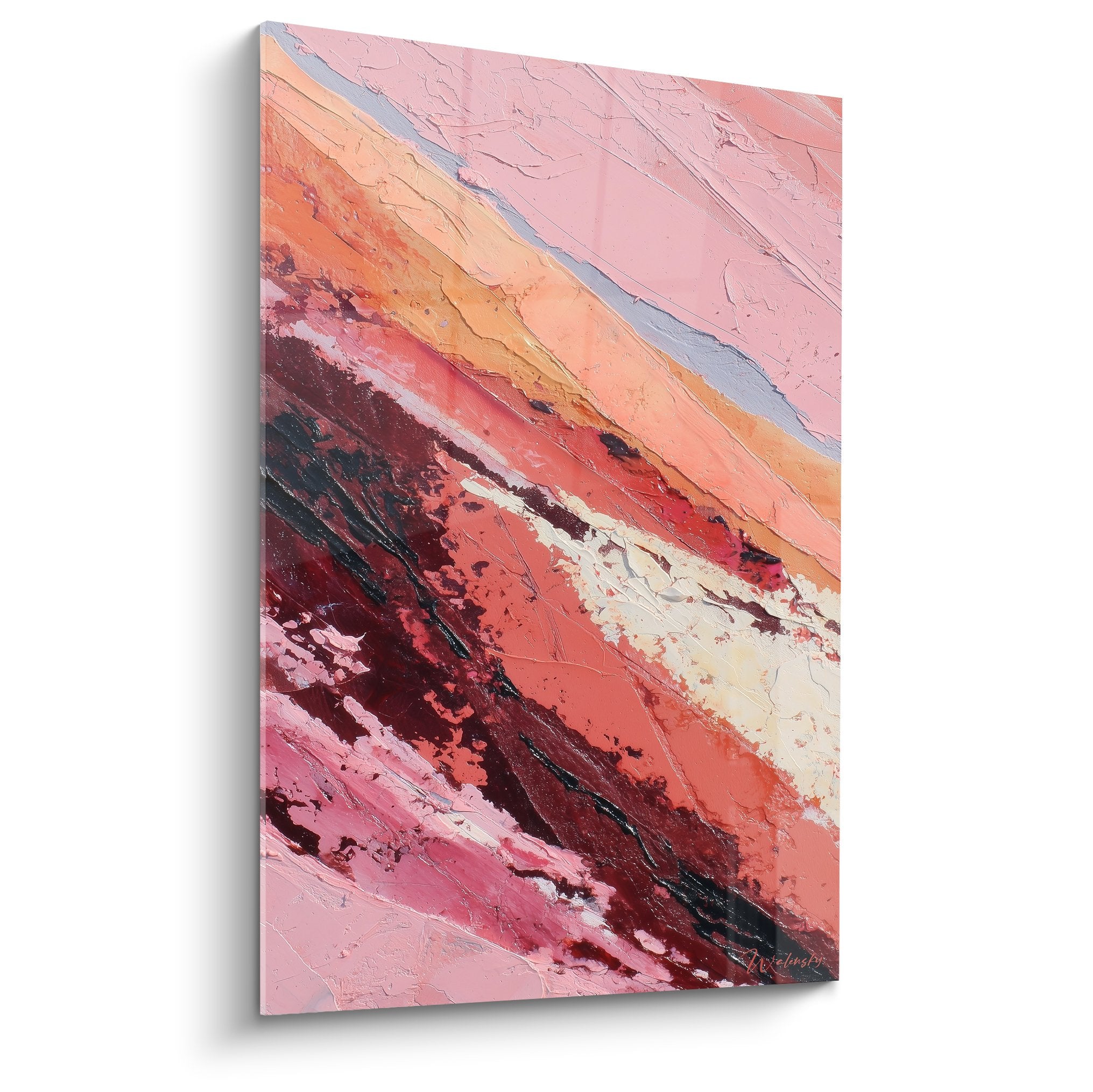 Tableau abstrait aux mouvements diagonaux roses oranges terre feng shui sud-ouest mineral