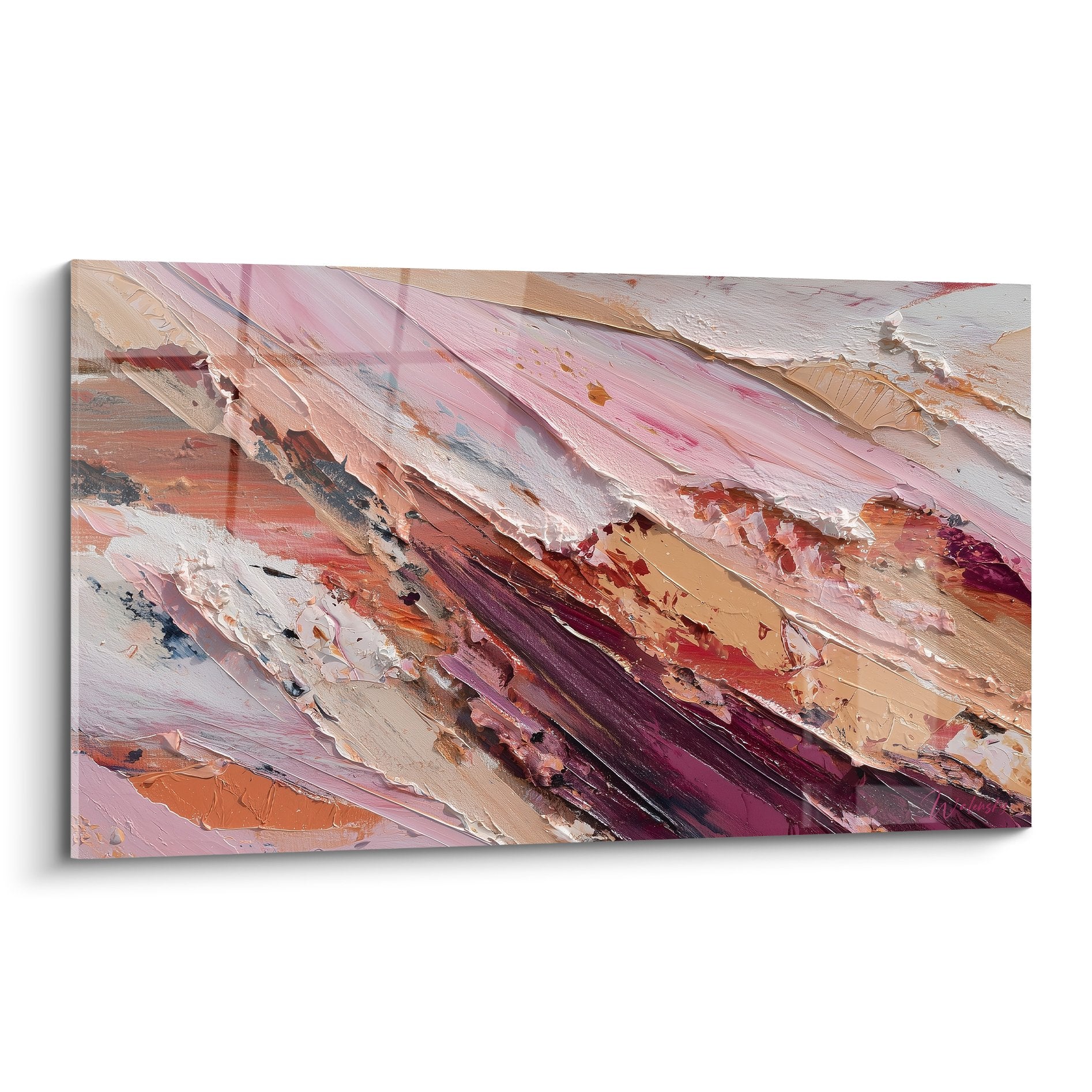 Tableau abstrait aux textures épaisses dans les tons roses, terres et blancs, style impasto feng shui
