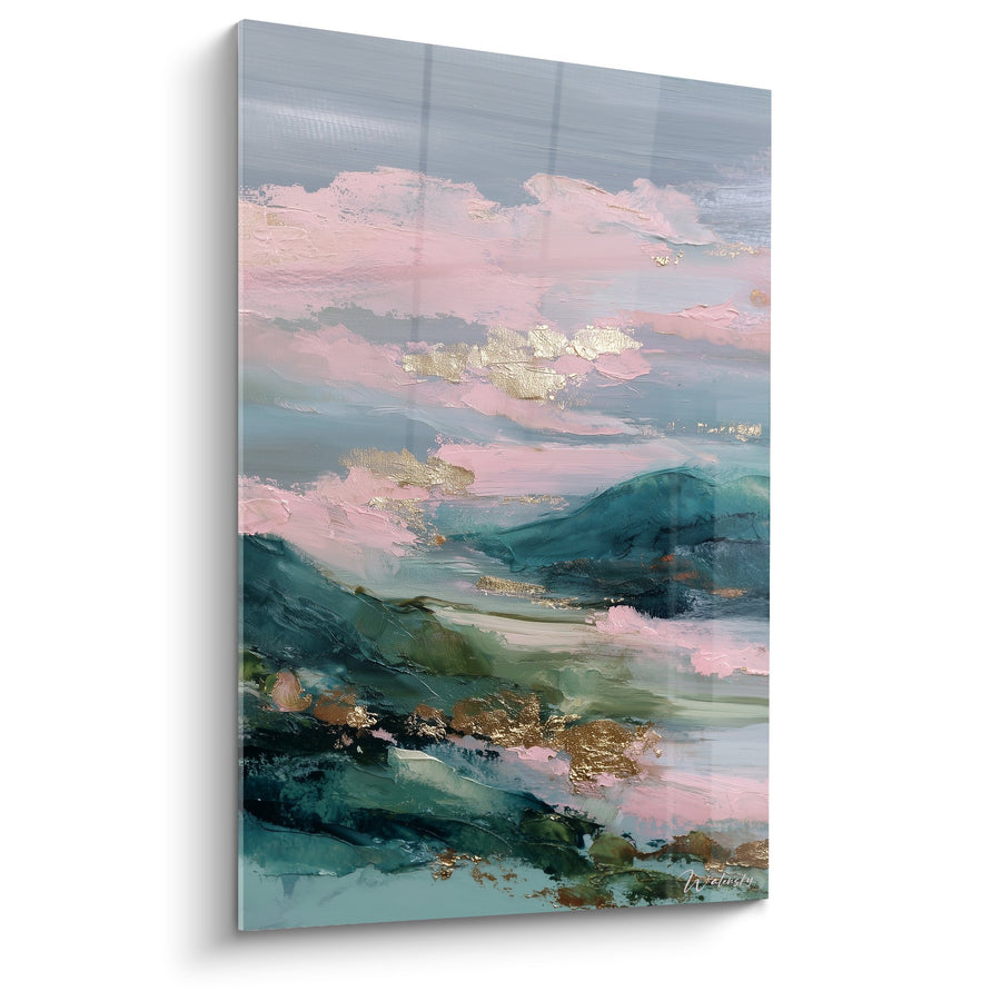 Tableau Paysage Abstrait Rose et Turquoise avec Touches Dorées - Harmonie Pastel - Edition Feng shui Sud-Est Bois