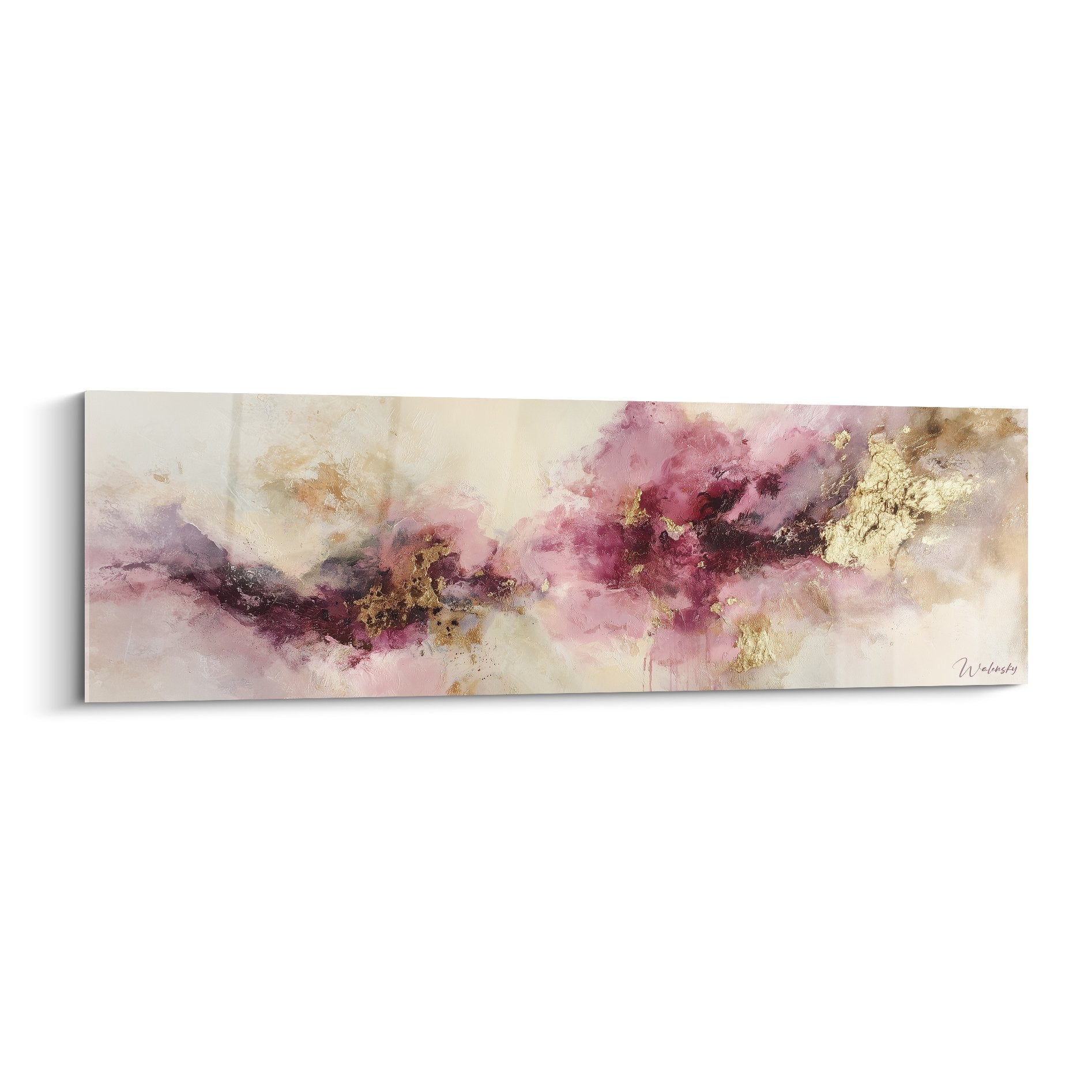 Abstract painting with pink and gold hues featuring airy texture, feng shui southwest earth style