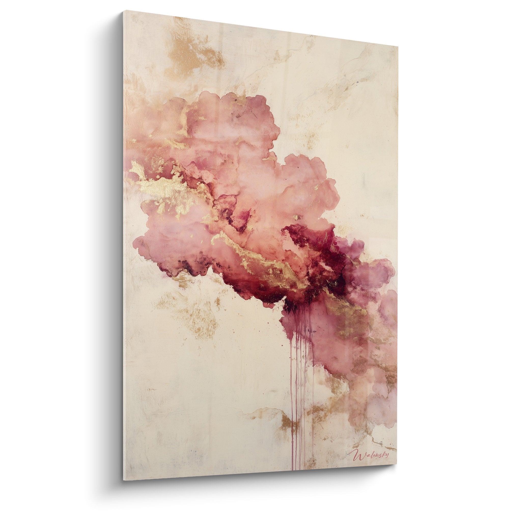 Abstract painting with soft pink and golden hues and vertical drips on beige feng shui southwest background