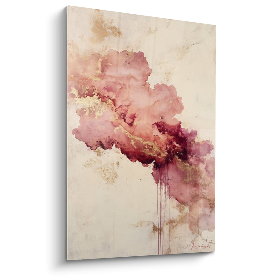 Tableau abstrait nuages roses et dorés avec coulures - Harmonie Céleste - Edition Feng shui Sud-Ouest Terre