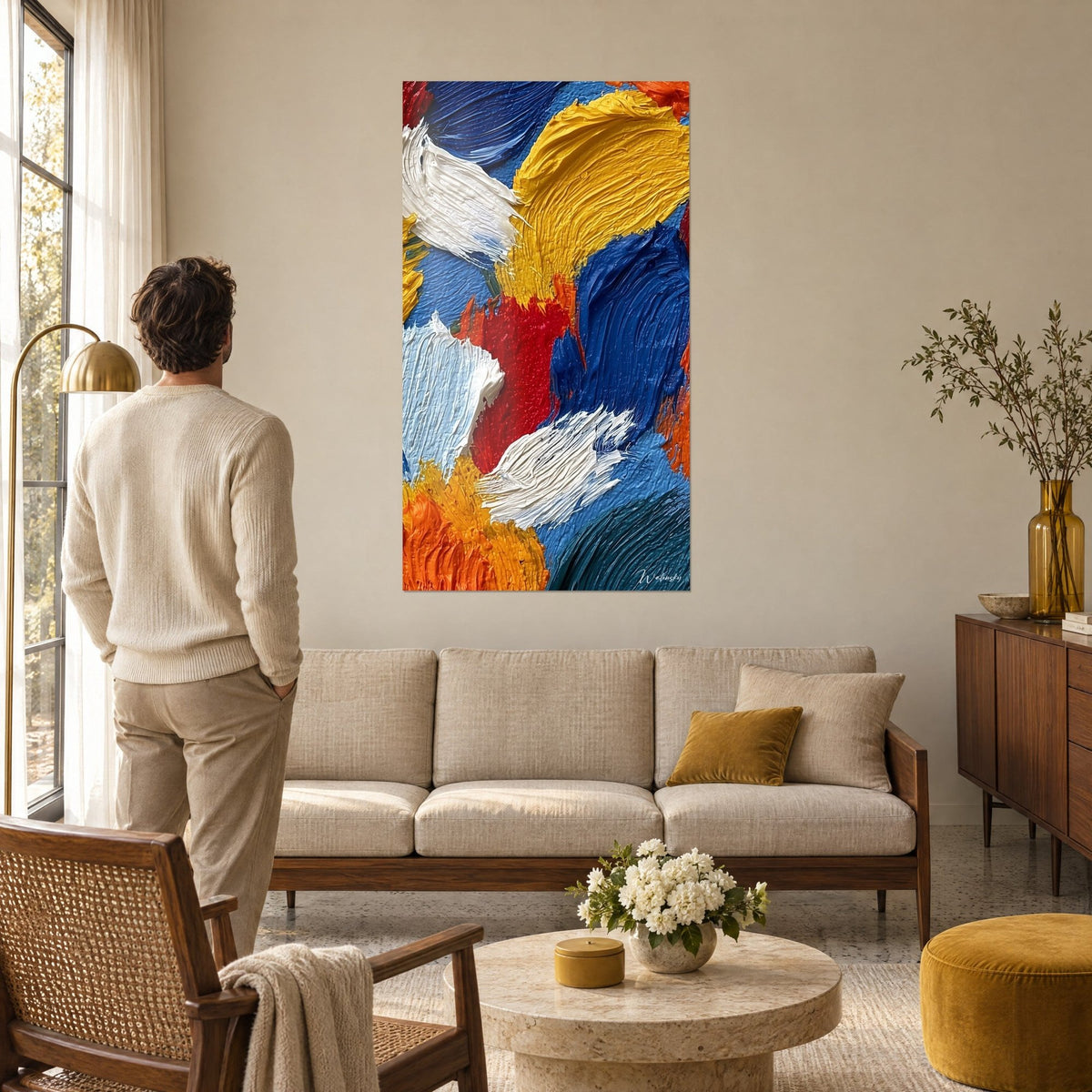 Wall art thick impasto in mustard yellow and cobalt blue, red palette-knife strokes, man seen from behind, above a sofa in a bright living room