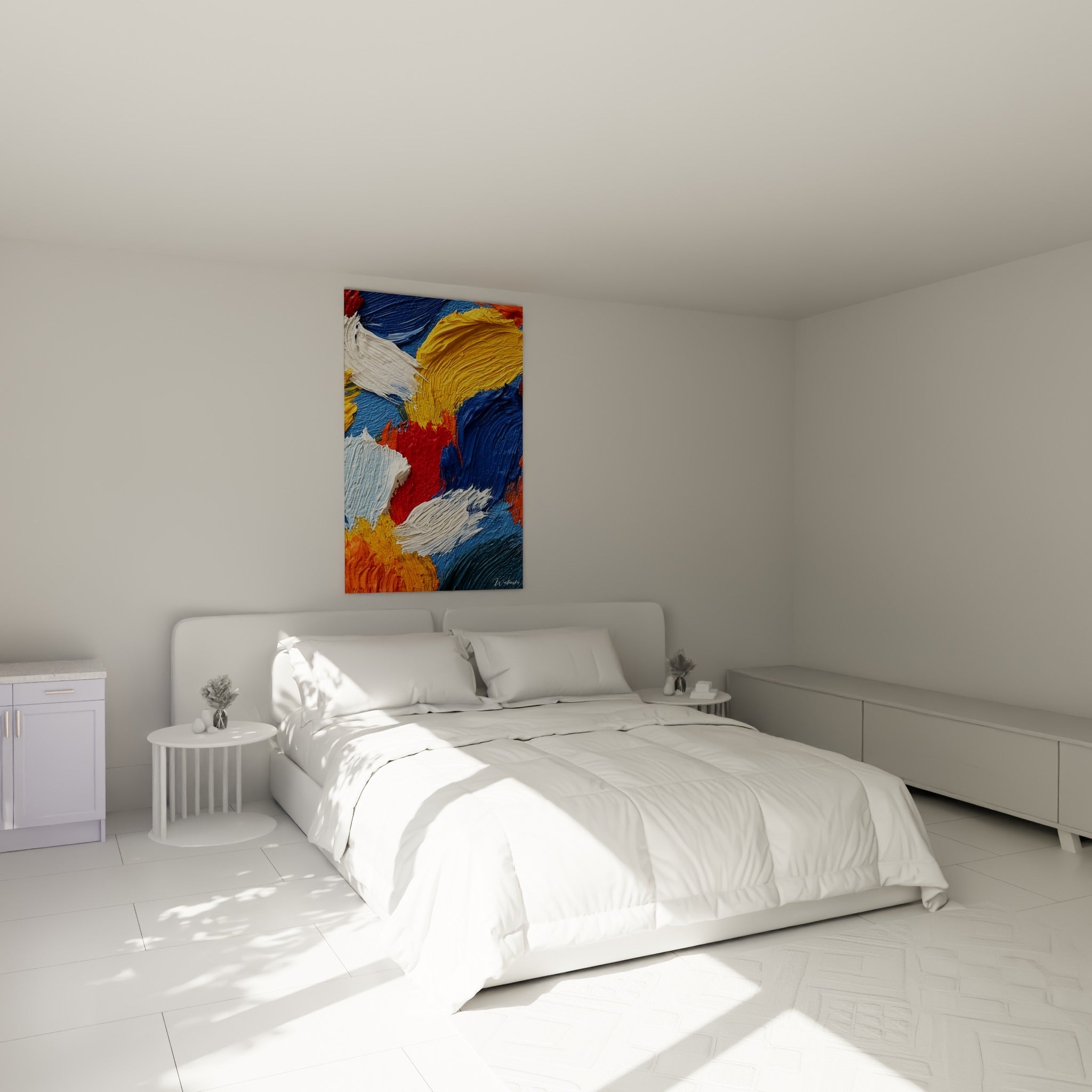 Coulures rouges et blanches d'une œuvre abstraite accrochée au-dessus d'un lit dans une chambre claire