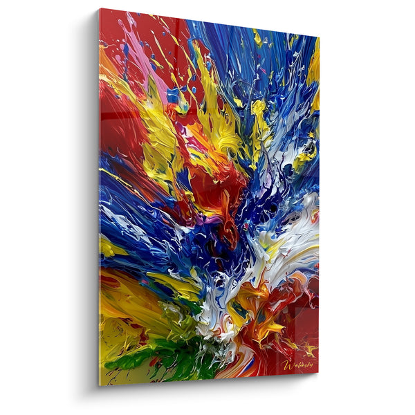 Tableau Éclaboussure bleu et jaune sur fond rouge - Empâtement multicolore central - Edition style Peinture abstrait