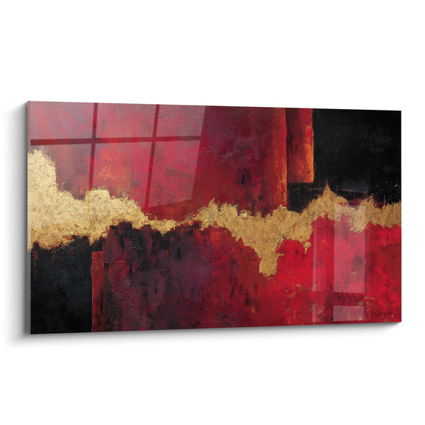 Abstract bordeauxrood en goudkleurig schilderij met gouden flarden - Vurige Passie - Feng Shui Zuid Vuur Editie