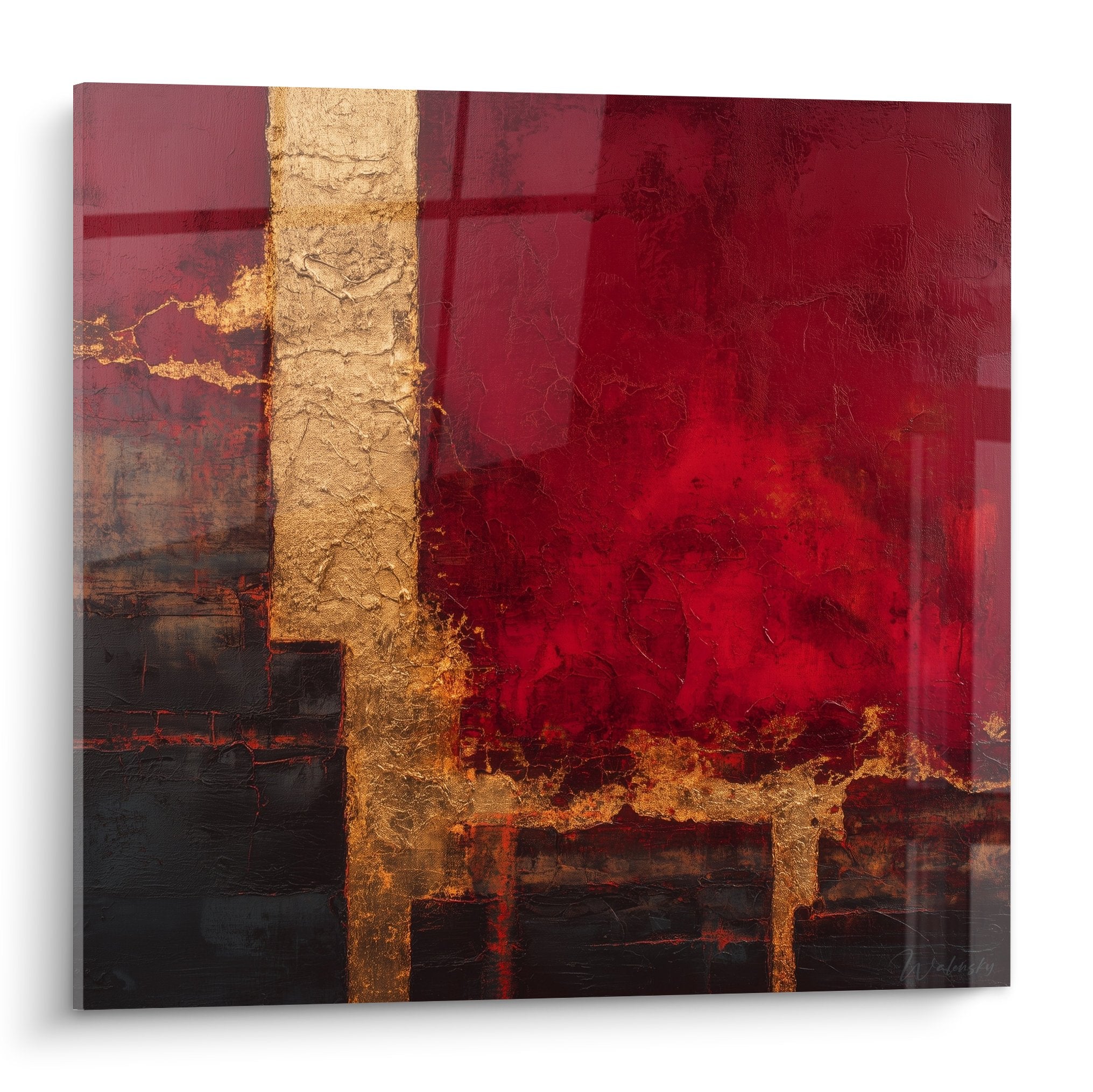 abstraktes Gemälde rot Bordeaux und Gold Feng Shui geometrische Komposition moderne Wanddekoration