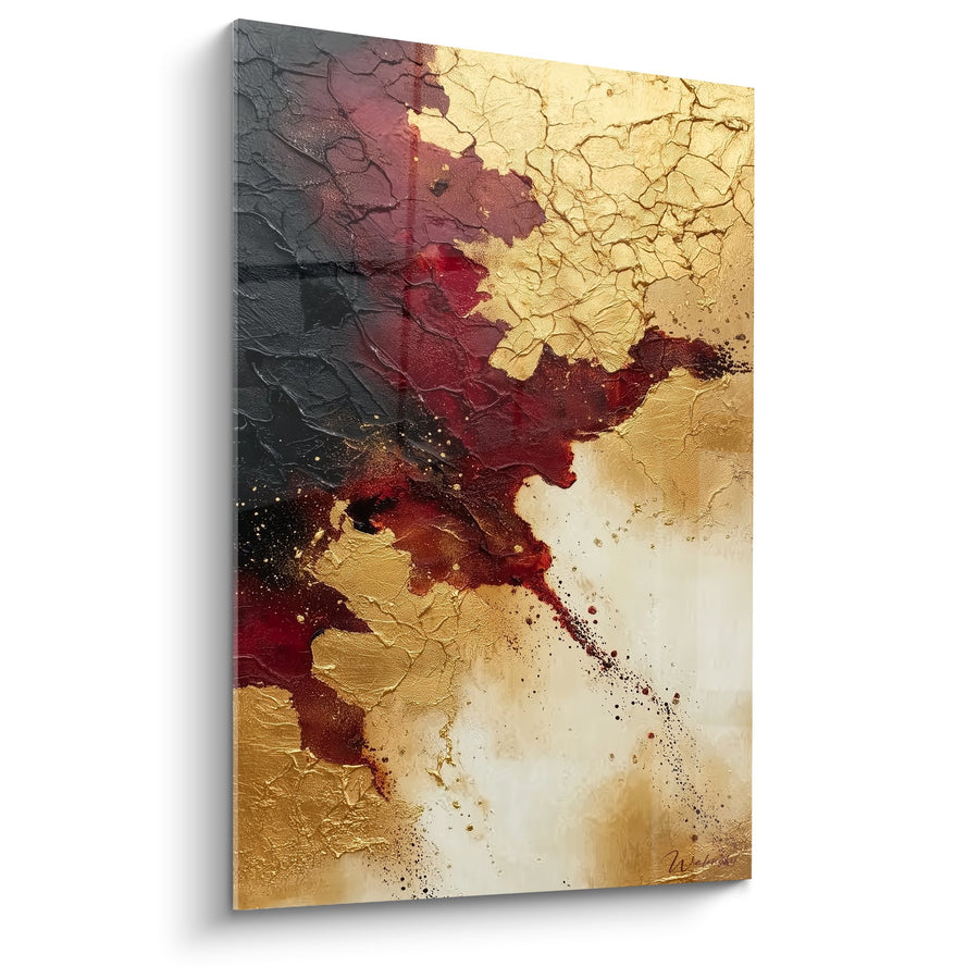 Tableau Abstrait Rouge Bordeaux et Or avec Textures Craquelées - Fusion Élégante - Edition Feng shui Sud Feu