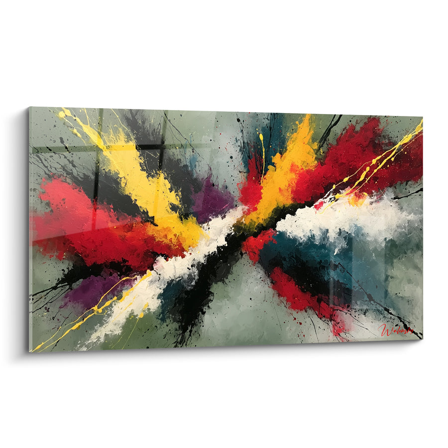 Tableau Explosion diagonale rouge et jaune - Choc de forces - Edition style Peinture abstrait