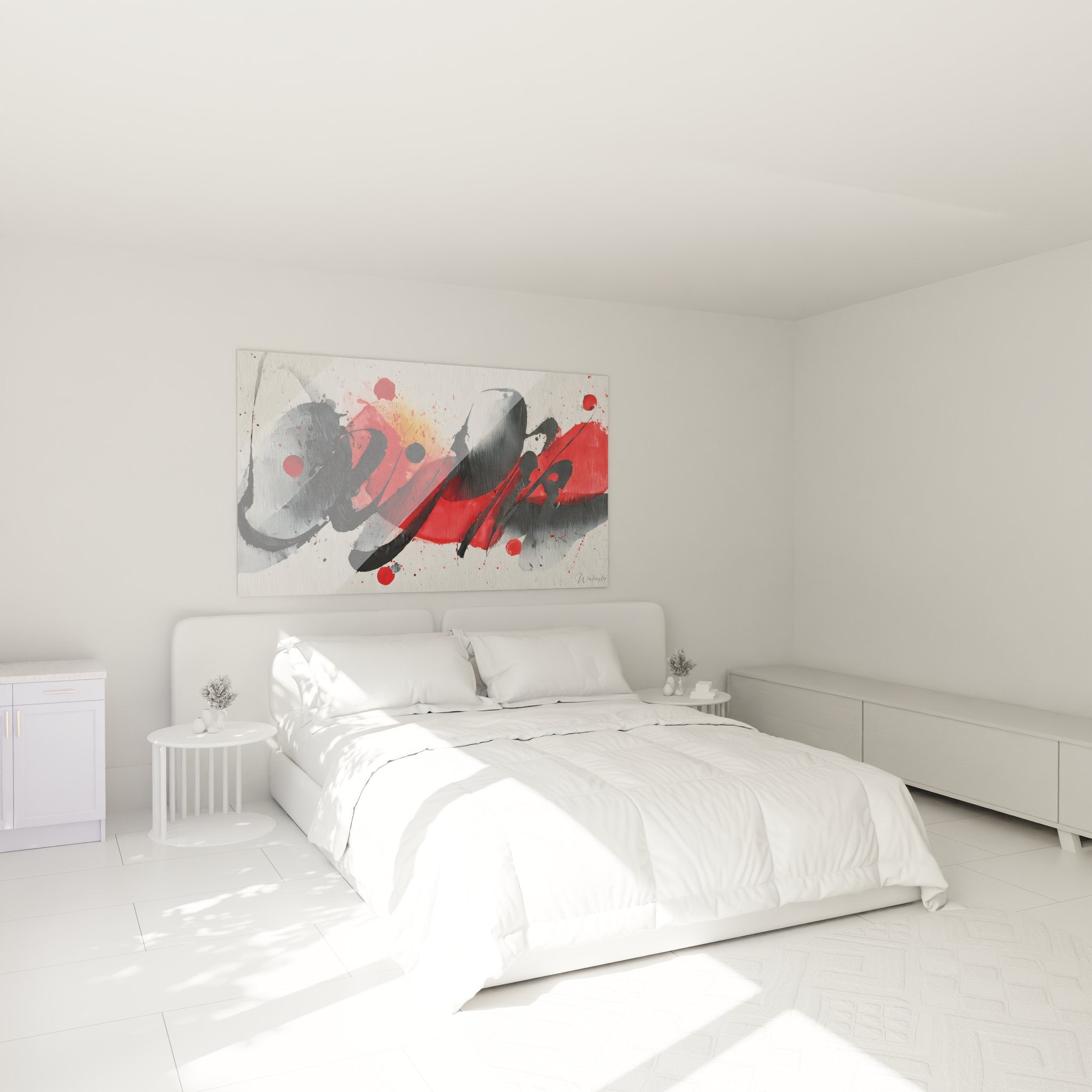 Tableau mural abstrait rouge noir dans ambiance chambre moderne et design contemporain
