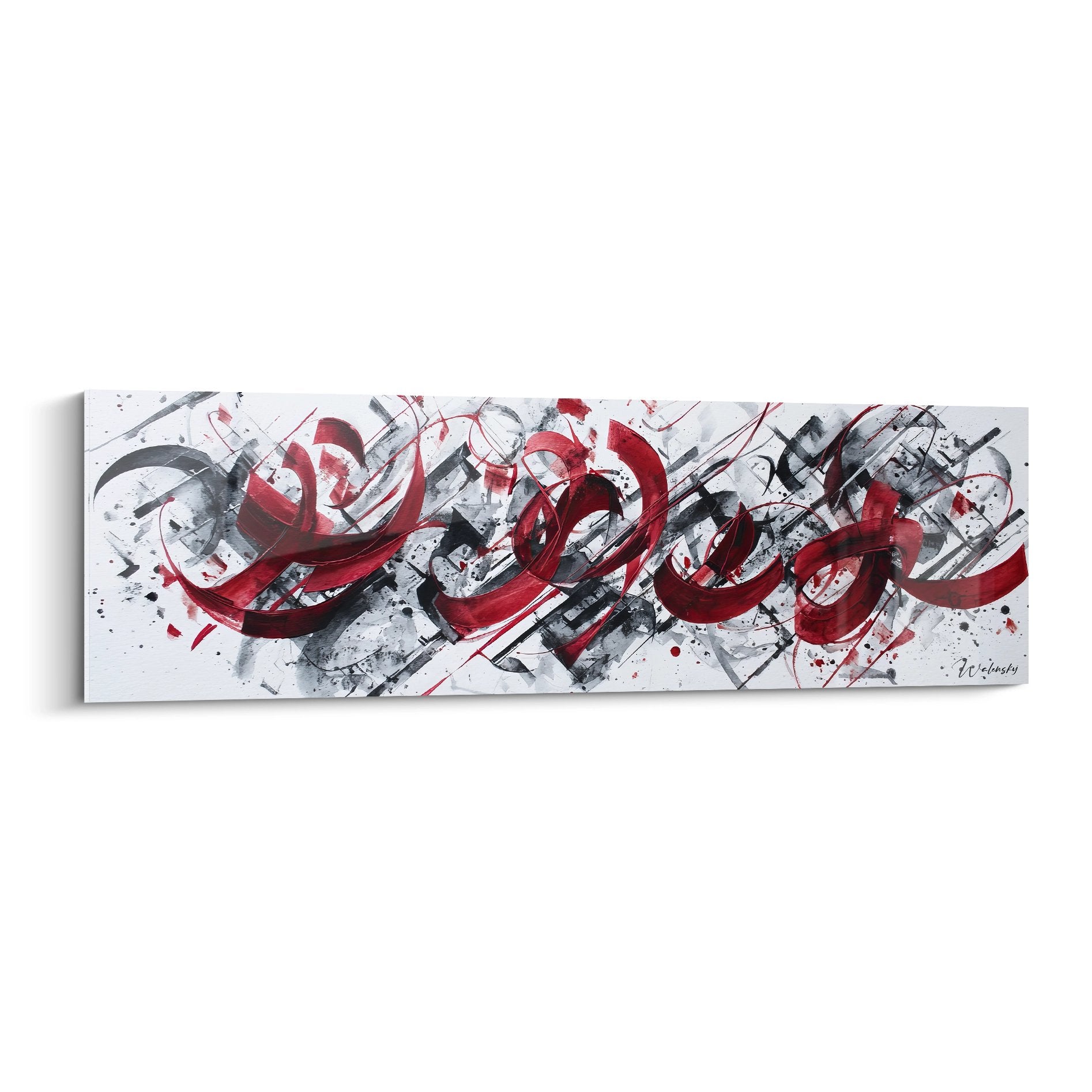 Tableau abstrait rouge et noir aux mouvements expressifs sur toile blanche - art contemporain