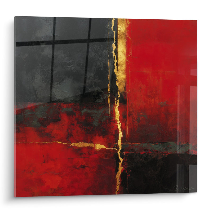 Tableau abstrait rouge noir or avec craquelures dorées - Fusion ardente - Edition Feng shui Sud Feu