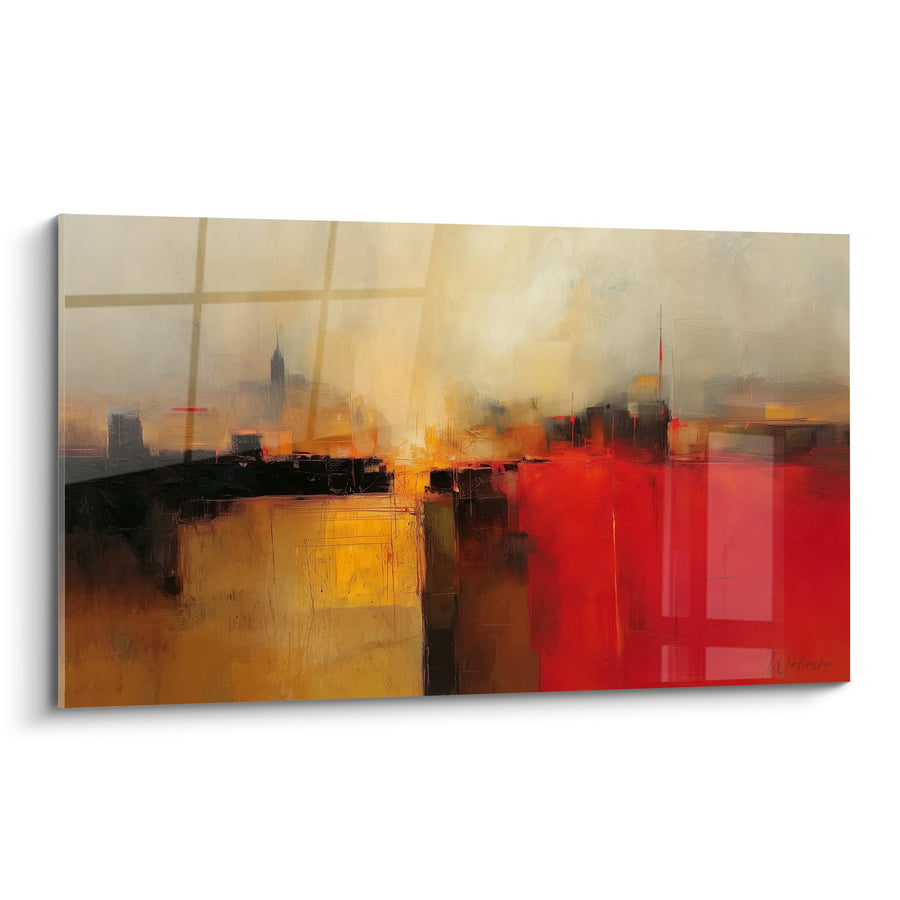 Tableau abstrait rouge et ocre aux formes géométriques - Harmonie urbaine - Edition Feng shui Sud Feu