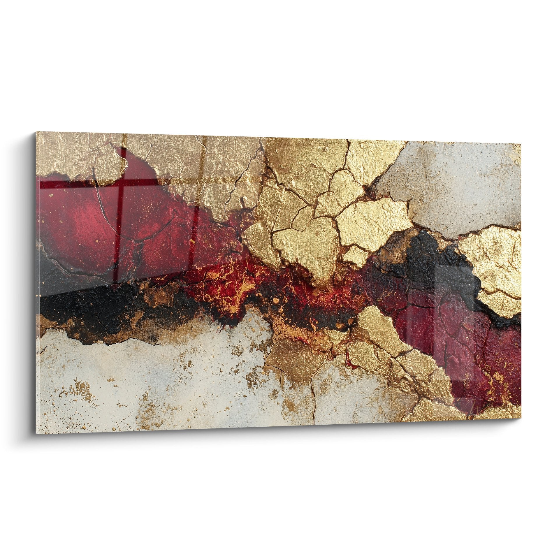 Abstraktes rotes Bordeaux- und Goldgemälde mit goldenen Rissen Feng Shui Süden Feuer