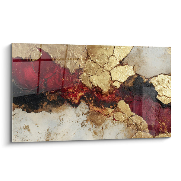 Abstract rood, bordeaux en goud schilderij met gouden craquelé - Kostbare Vlammen - Feng Shui Zuid Vuur editie
