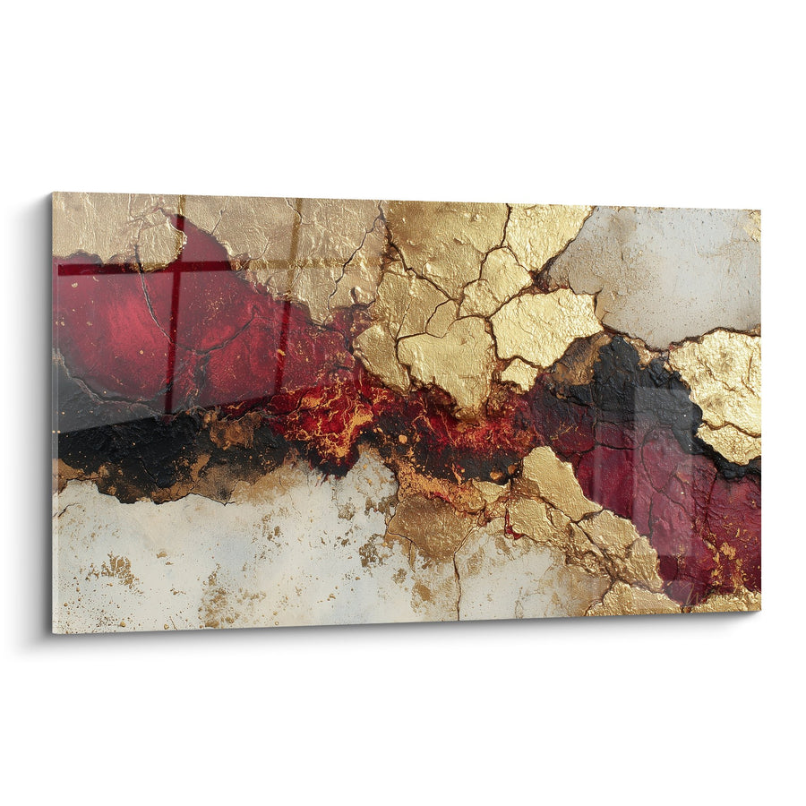 Tableau abstrait rouge bordeaux et or avec craquelures dorées - Flammes Précieuses - Edition Feng shui Sud Feu