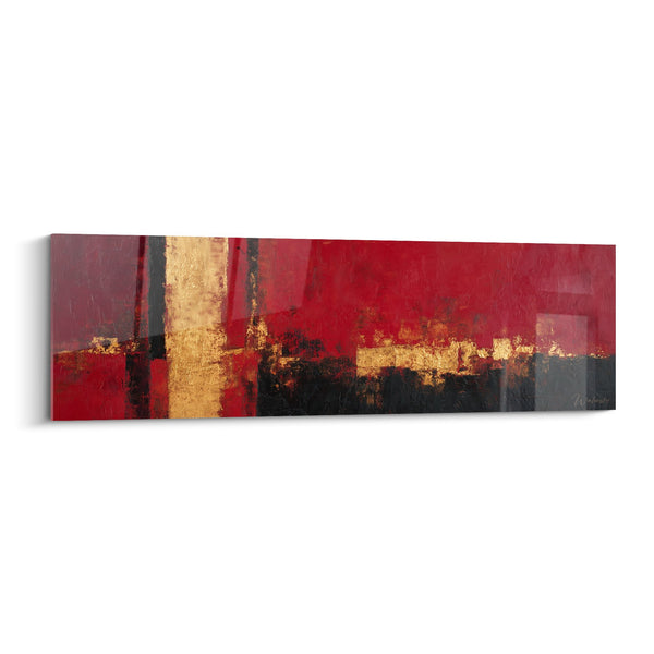 Abstraktes Gemälde Rot und Gold mit vertikalen schwarzen Bändern - Glühende Leidenschaft - Feng-Shui-Süd-Feuer-Edition
