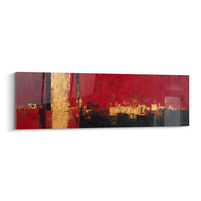 Tableau abstrait rouge et or avec bandes noires verticales - Passion Ardente - Edition Feng shui Sud Feu