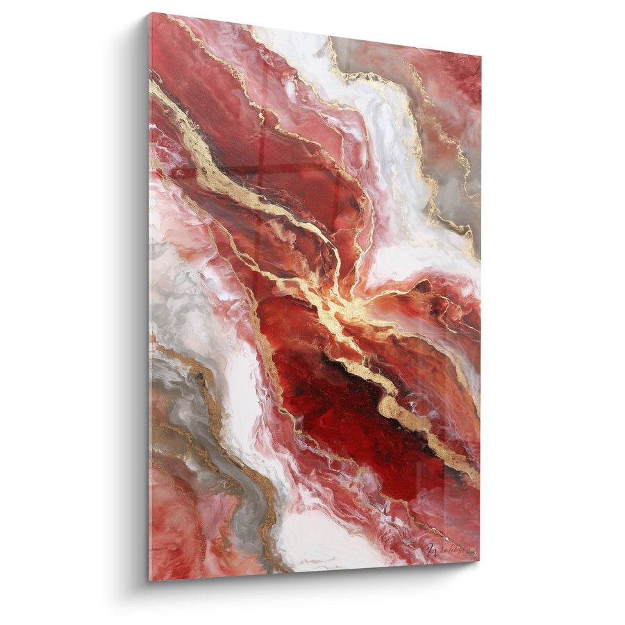 Tableau Abstrait Fluide Rouge et Or - Méandres Dorés - Edition Feng shui Centre Terre