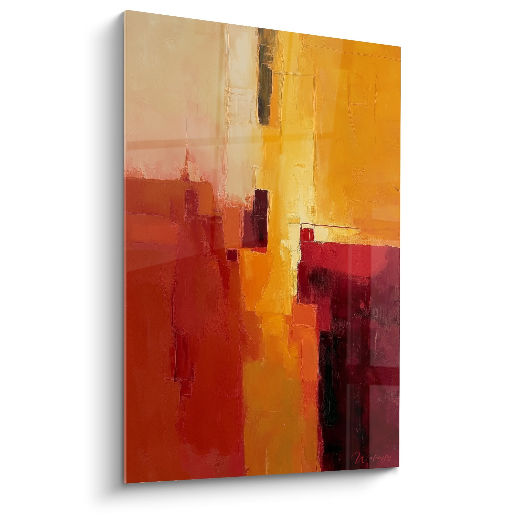 Tableau abstrait moderne aux couleurs chaudes rouge orange bordeaux composition geometrique feng shui
