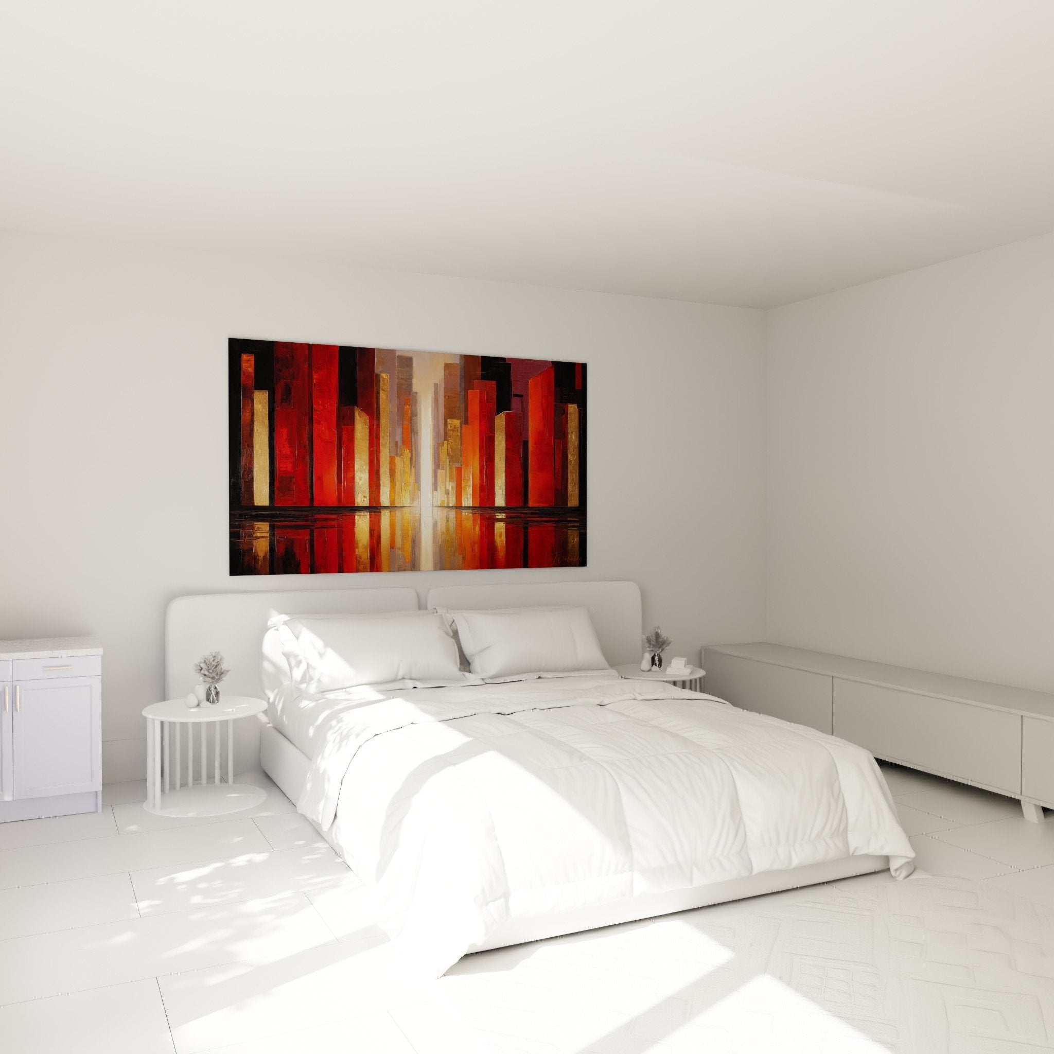 abstraktes rotes orangefarbenes gemaelde modernes schlafzimmer wanddekoration urban feng shui sued feuer atmosphaere
