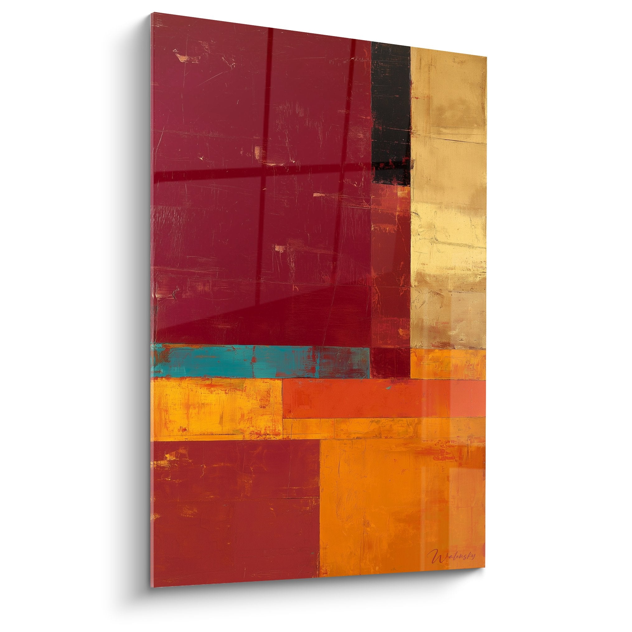 tableau abstrait geometrique rouge orange dore composition moderne feng shui sud feu