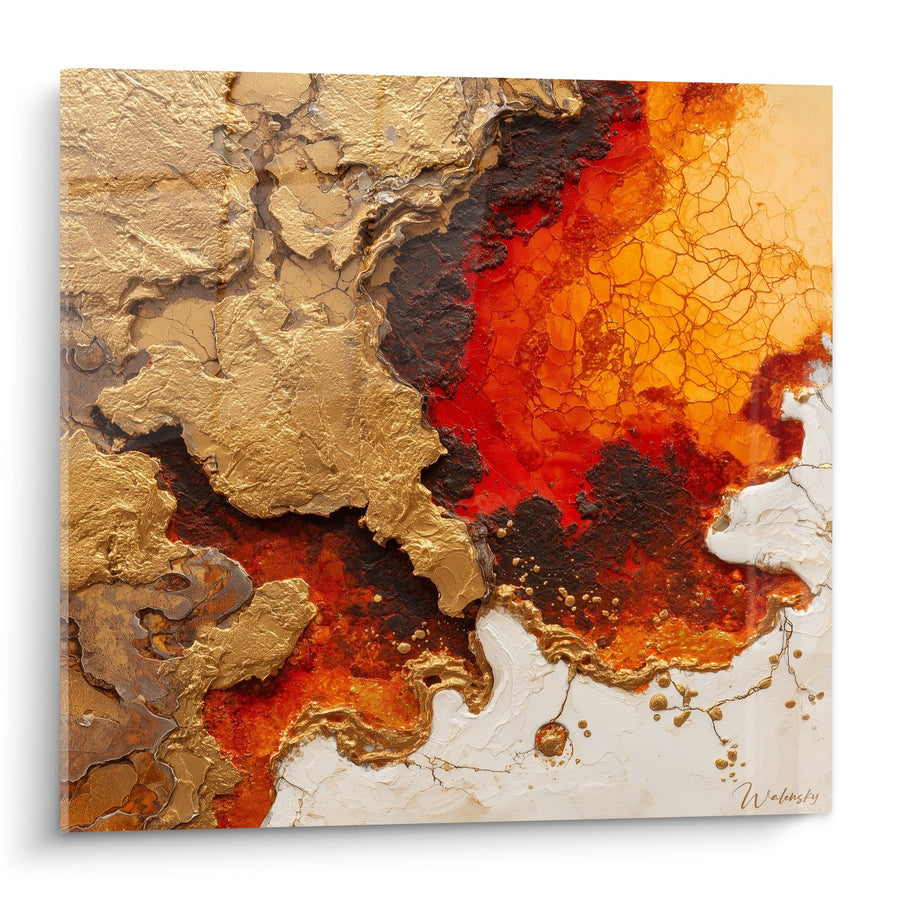 Tableau abstrait couleurs ardentes rouge orange doré avec textures organiques - Flammes Terrestres - Edition Feng shui Sud Feu
