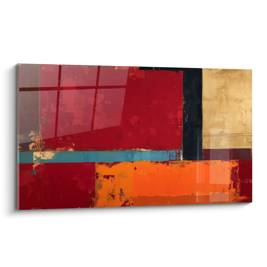 Tableau mural abstrait rouge orangé et doré avec bandes géométriques - Symphonie de couleurs chaudes - Edition Feng shui Sud Feu