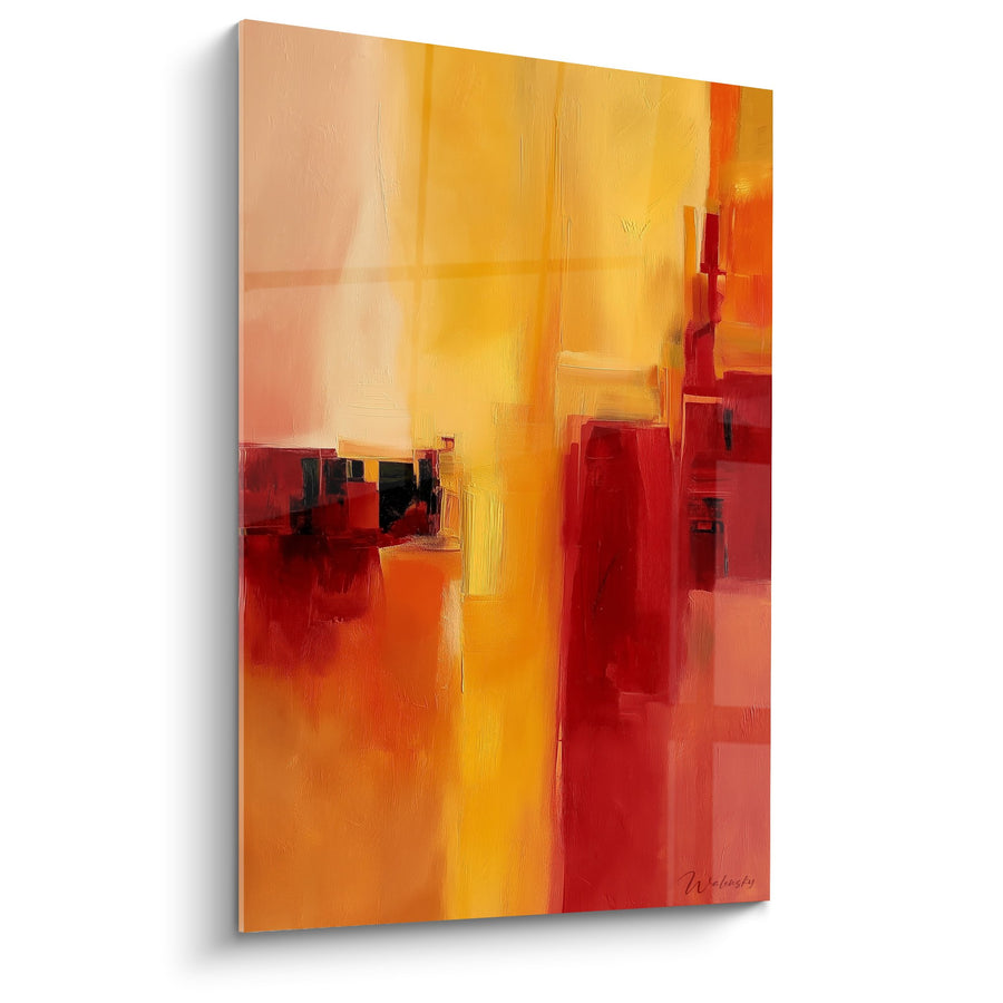 Tableau abstrait composition rouge orange jaune dominant vertical - Flamme Ardente - Edition Feng shui Sud Feu