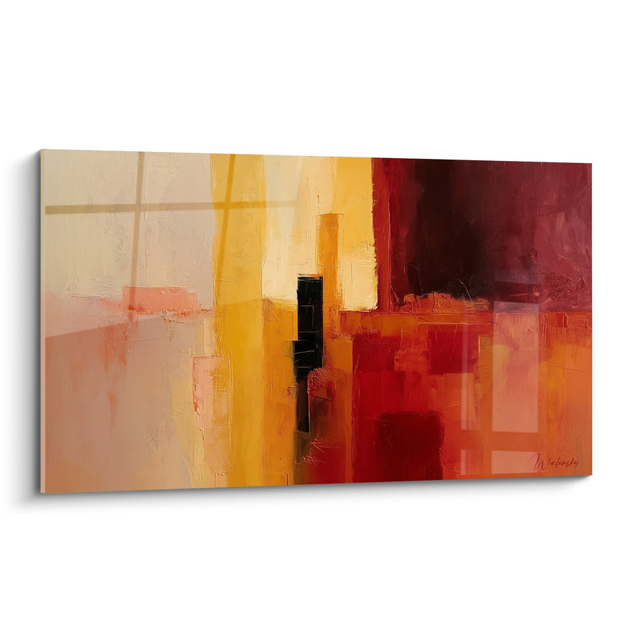 Tableau abstrait aux teintes chaudes rouge orange et jaune avec touches noires - Symphonie de feu - Edition Feng shui Sud Feu