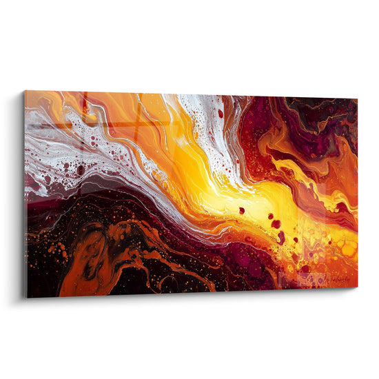 Tableau abstrait aux couleurs flamboyantes rouge orange jaune et noir avec effets de matiere fluide