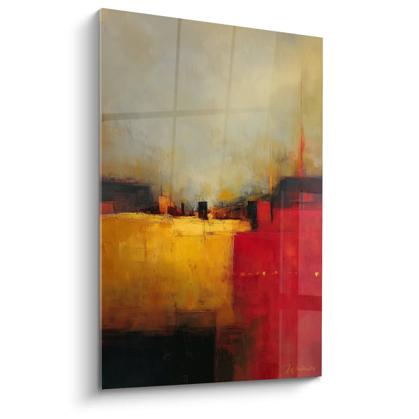 Abstract rood, oranje en zwart schilderij in warme tinten - Stedelijke compositie - Feng shui Zuid Vuur editie