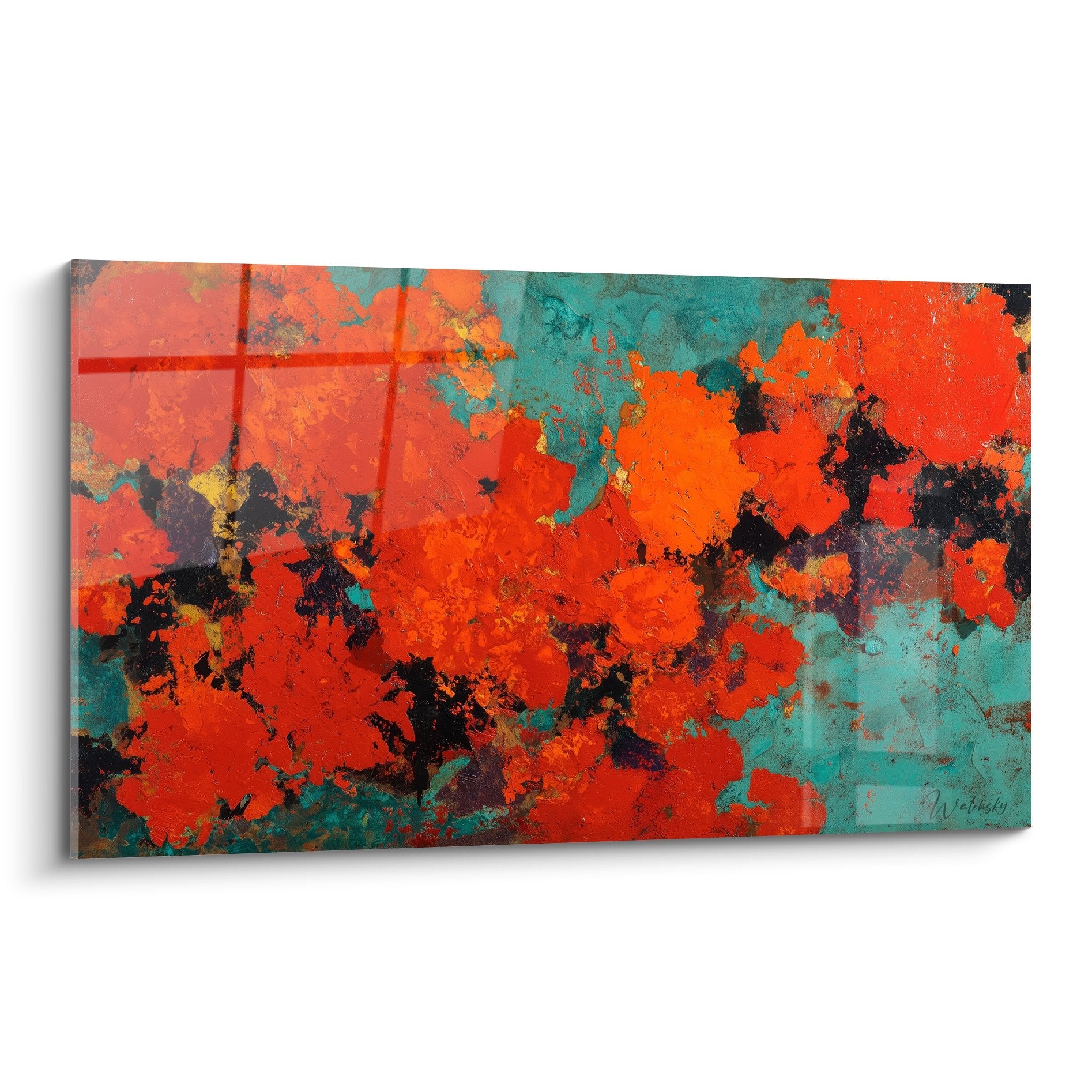 Abstraktes Gemälde rote orange türkis Explosion Feng Shui Süden Feuer Energie vulkanisch modern