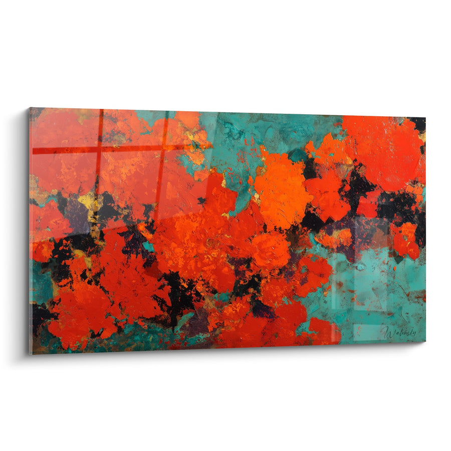 Tableau explosion abstraite rouge orange turquoise - Énergie volcanique - Edition Feng shui Sud Feu