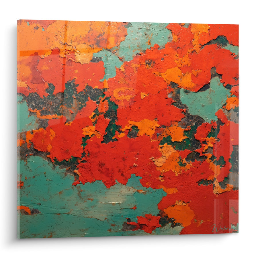 Tableau abstrait rouge turquoise effet matière craquelée - Éclat d'énergie - Edition Feng shui Sud Feu