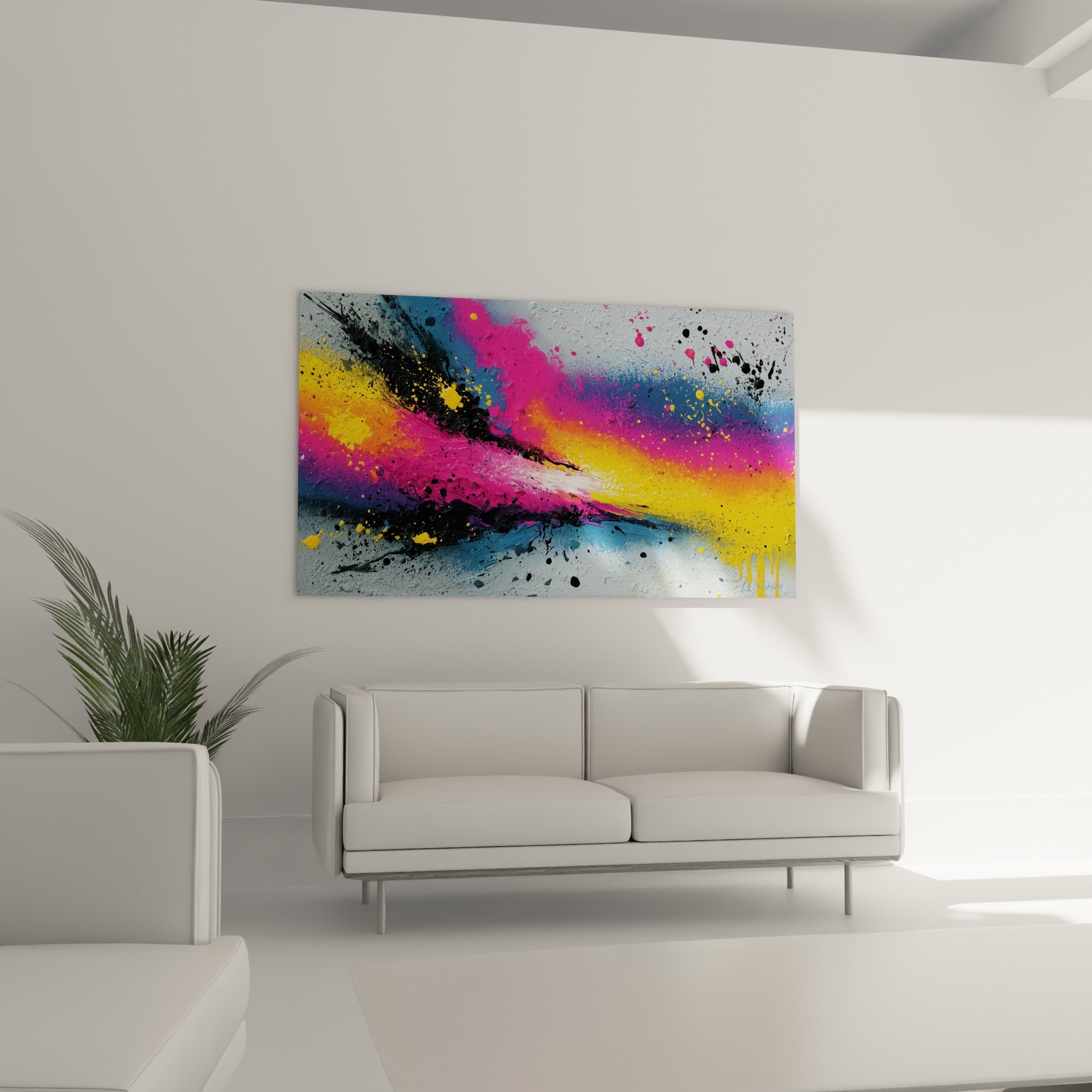 Vagues de couleurs vives rose et jaune au-dessus d'un canapé dans un salon lumineux