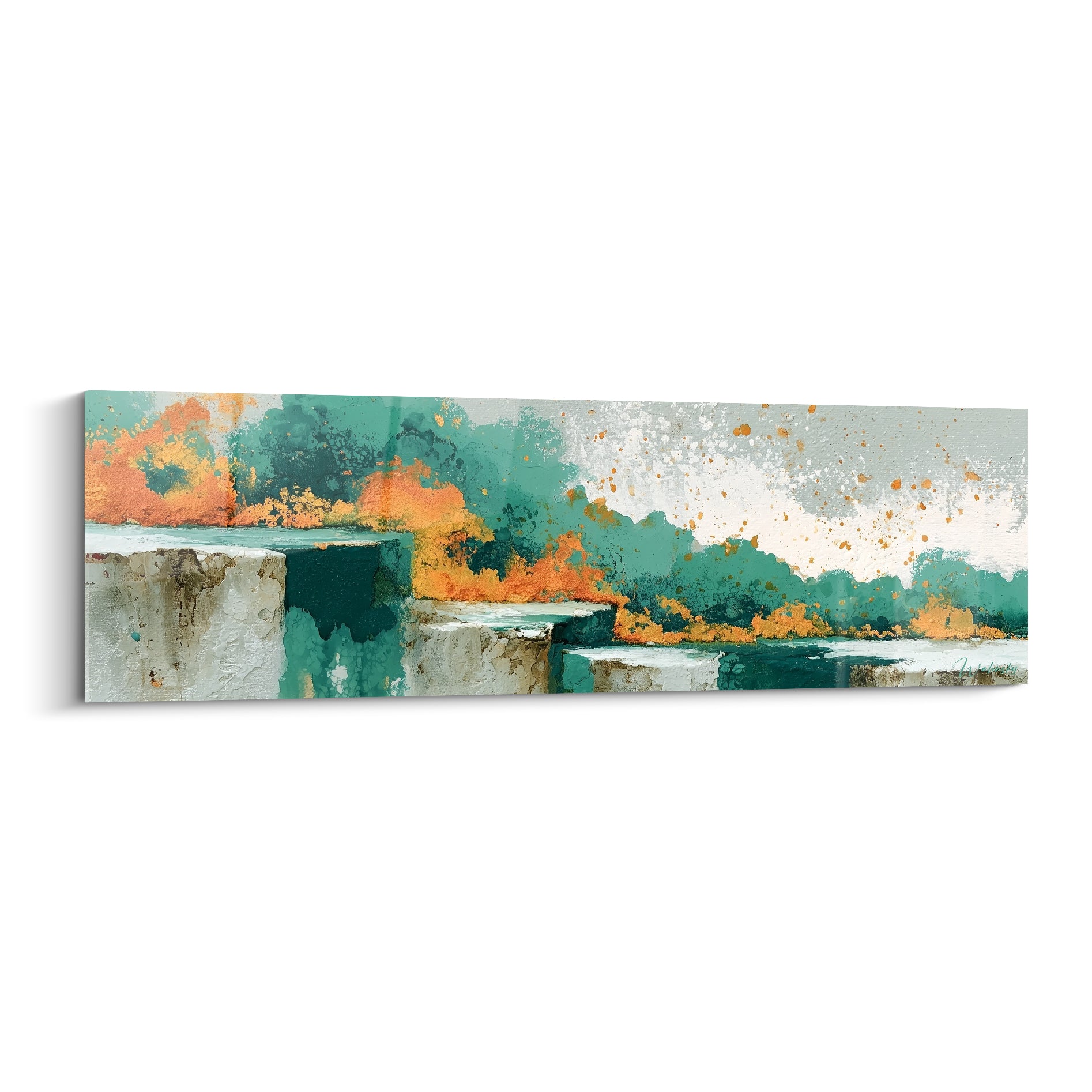 Tableau abstrait sarcelle profond et éclats orangés sur blocs texturés blanc cassé, style peint