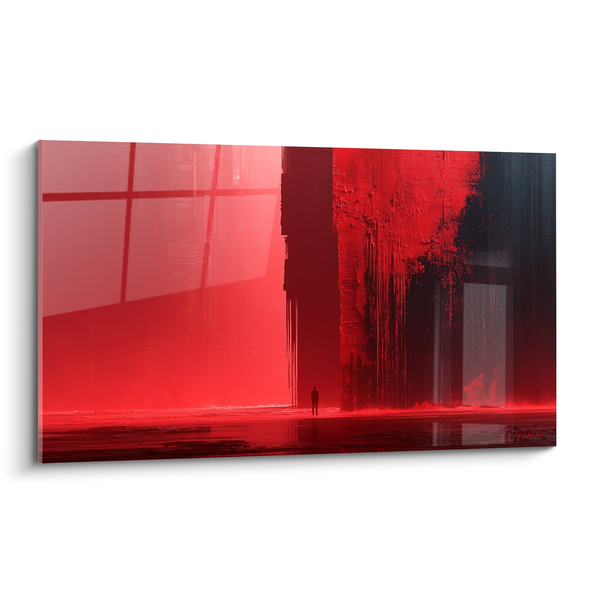 Silhouette solitaire face à un mur rouge sang texturé, contraste anthracite en peinture abstraite murale
