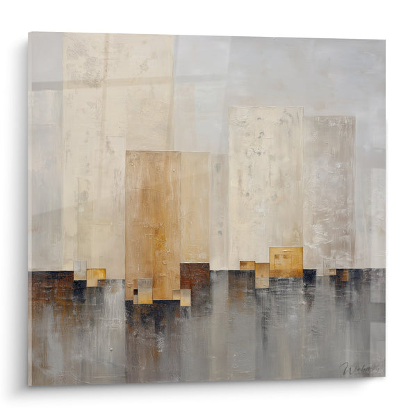 Abstract goudkleurig en grijs skyline schilderij - Etherische metropool - Feng Shui West Metaal editie