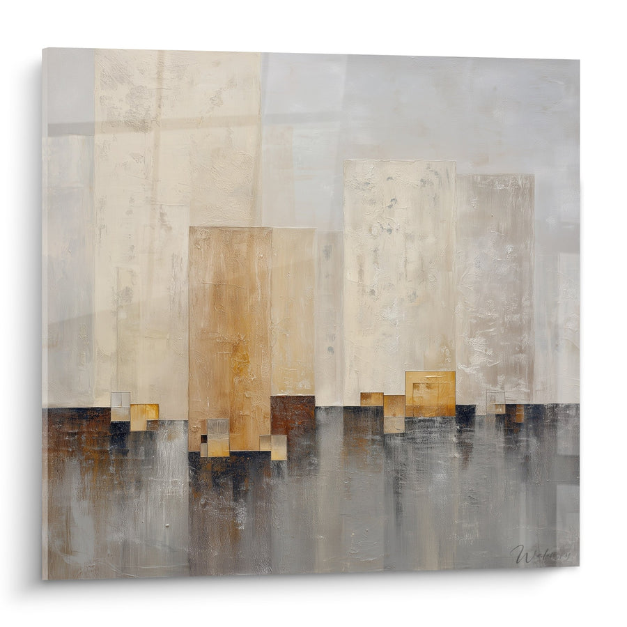 Tableau abstrait skyline doré et gris - Métropole éthérée - Edition Feng shui Ouest Métal