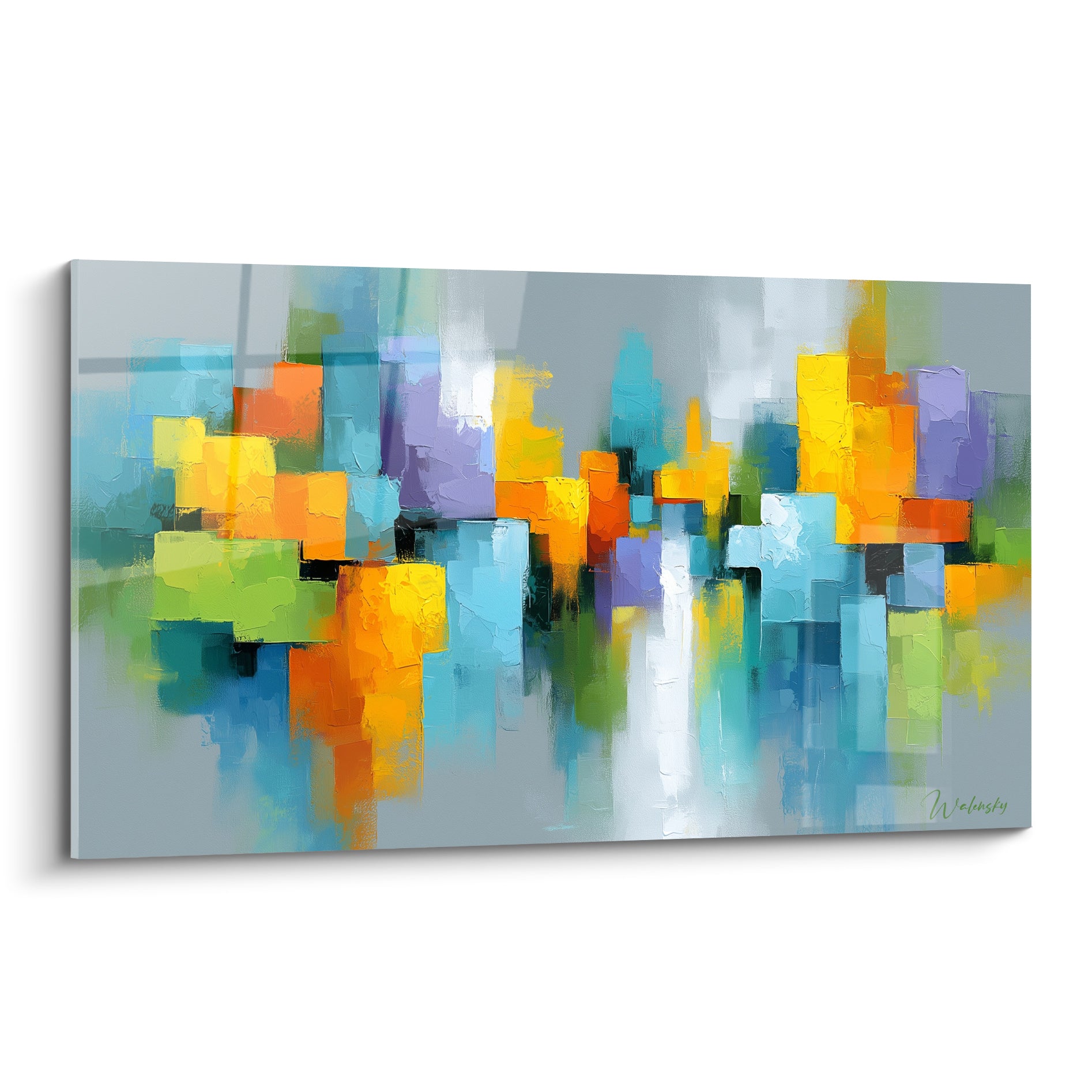 Silhouette urbaine abstraite en blocs turquoise, orange et violet sur fond gris texturé au couteau