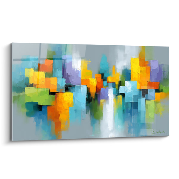 Tableau Silhouette urbaine bleu turquoise et orange vif - Reflets de cité - Edition style Peinture abstrait