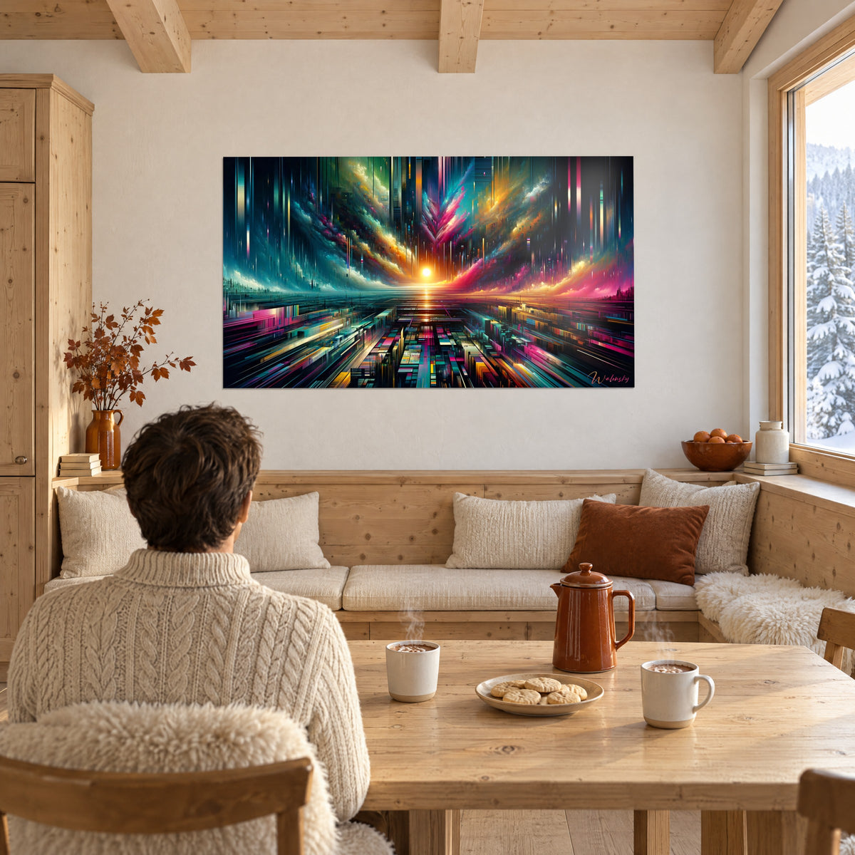 Tableau paysage de lignes verticales vibrantes, bandes vertes, roses et jaunes sous un soleil flamboyant, mur blanc d'un chalet