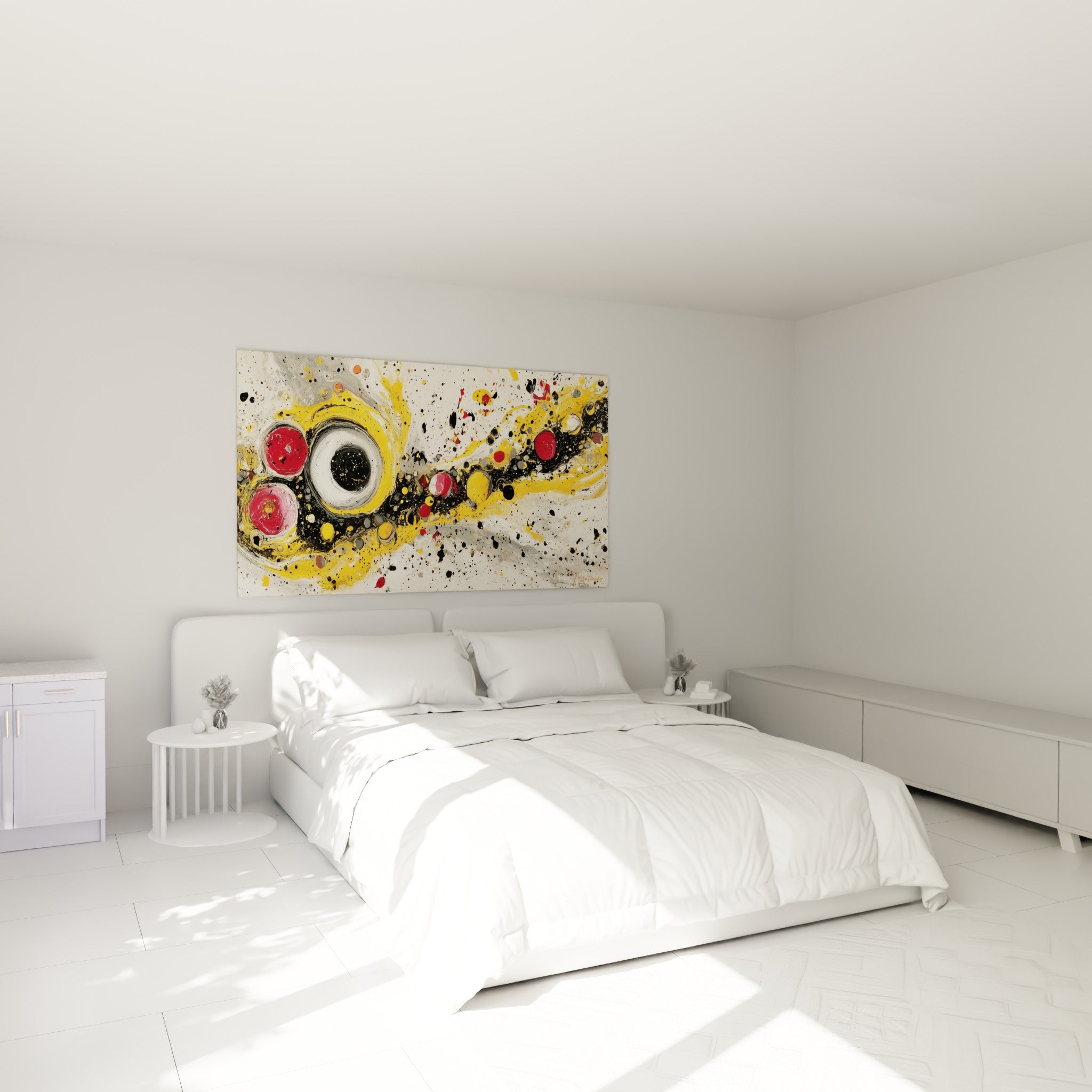 Sphères jaunes et rouges de ce tableau style Peinture abstrait au-dessus d'un lit dans une chambre claire