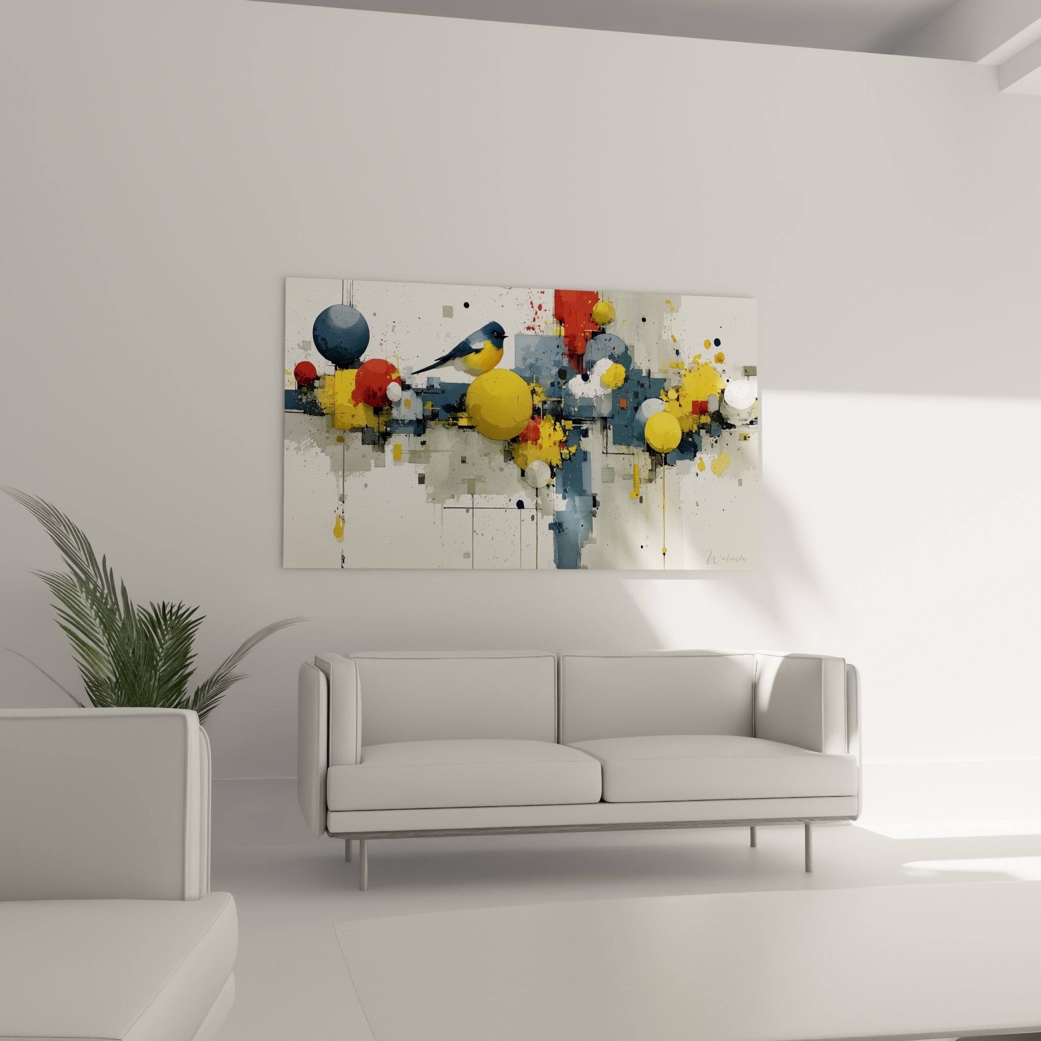 Composition géométrique jaune et bleu marine avec mésange perchée, au-dessus d'un canapé dans un salon lumineux